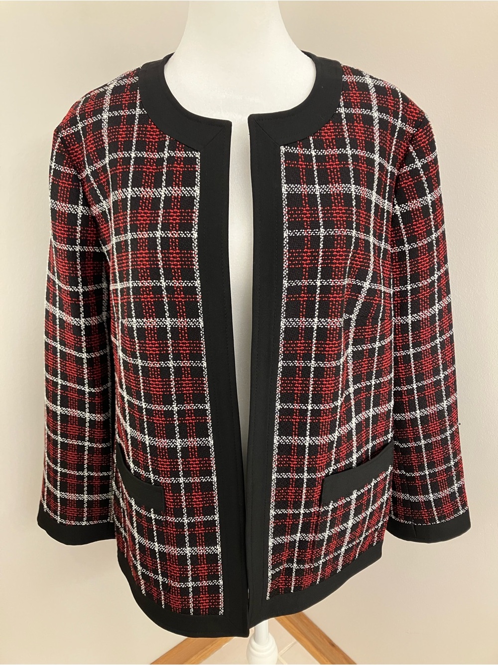 Evan Picone Red, Black & White Plaid Open-Front Jacket